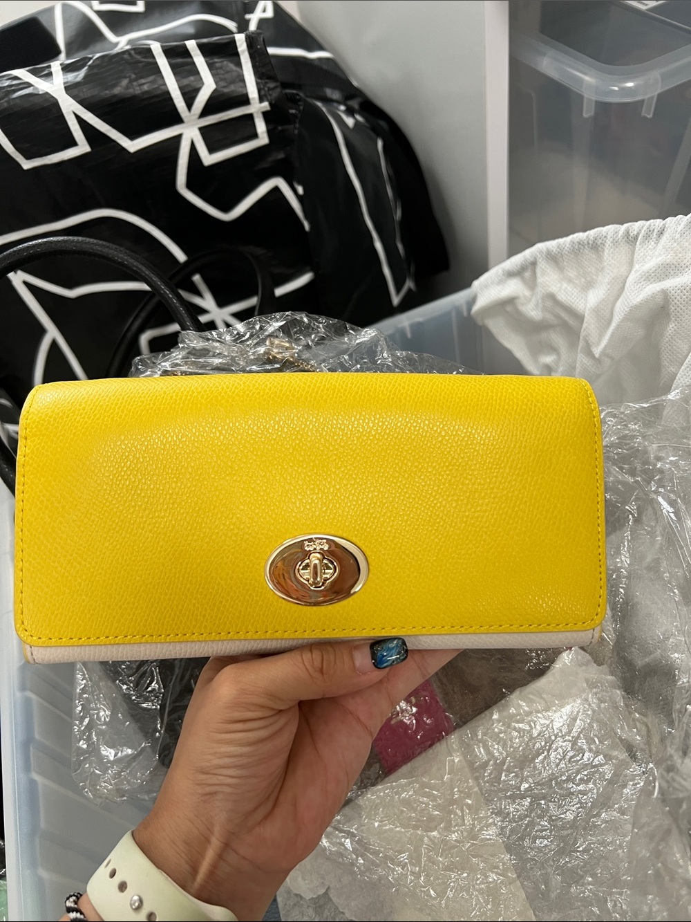 Coach Yellow Leather Turn-Lock Wallet on Chain